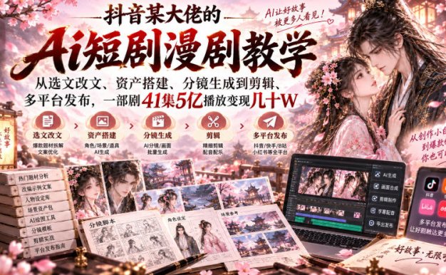 【精】抖音某大佬的Ai短剧漫剧教学,从选文改文、资产搭建、分镜生成到剪辑、多平台发布,一部剧41集5亿播放变现几十W