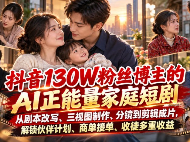 【精】抖音130W粉丝博主的AI正能量家庭短剧，从剧本改写、三视图制作、分镜到剪辑成片，解锁伙伴计划、商单接单、收徒多重收益